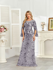 Royal Blue Sequin Split Flare‑Sleeve Mermaid Evening Gown