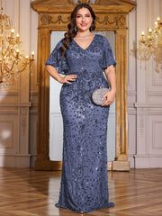 Royal Blue Sequin Flutter Sleeve Mermaid Evening Gown