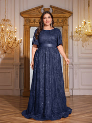 Rose Gold Sequin Flutter Sleeve Empire Waist A‑Line Plus Size Evening Gown