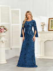 Royal Blue Sequin Split Flare‑Sleeve Mermaid Evening Gown