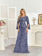Royal Blue Sequin Split Flare‑Sleeve Mermaid Evening Gown