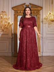 Rose Gold Sequin Flutter Sleeve Empire Waist A‑Line Plus Size Evening Gown