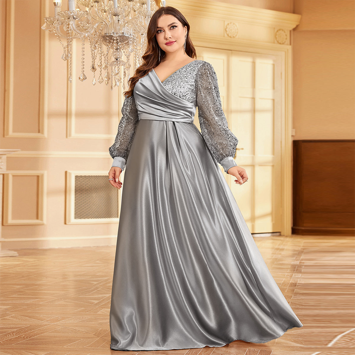 Plus Size Luxury Gold Sequin V-Neck Evening Dress | XUIBOL