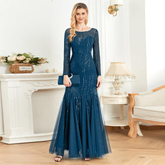 Elegant O Neck Black Sequins Evening Dress
