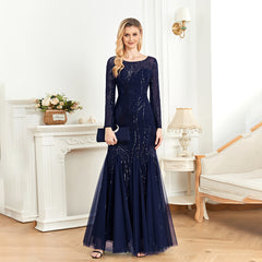 Elegant O Neck Black Sequins Evening Dress