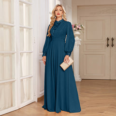 Champagne Lace Patch Lantern Sleeve A-Line Evening Gown