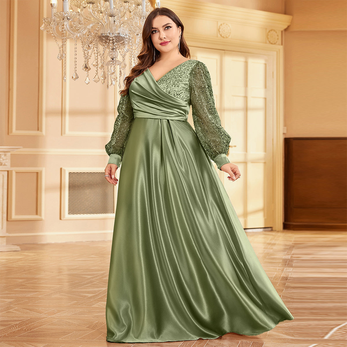 Plus Size Luxury Gold Sequin V-Neck Evening Dress | XUIBOL
