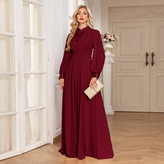 Champagne Lace Patch Lantern Sleeve A-Line Evening Gown