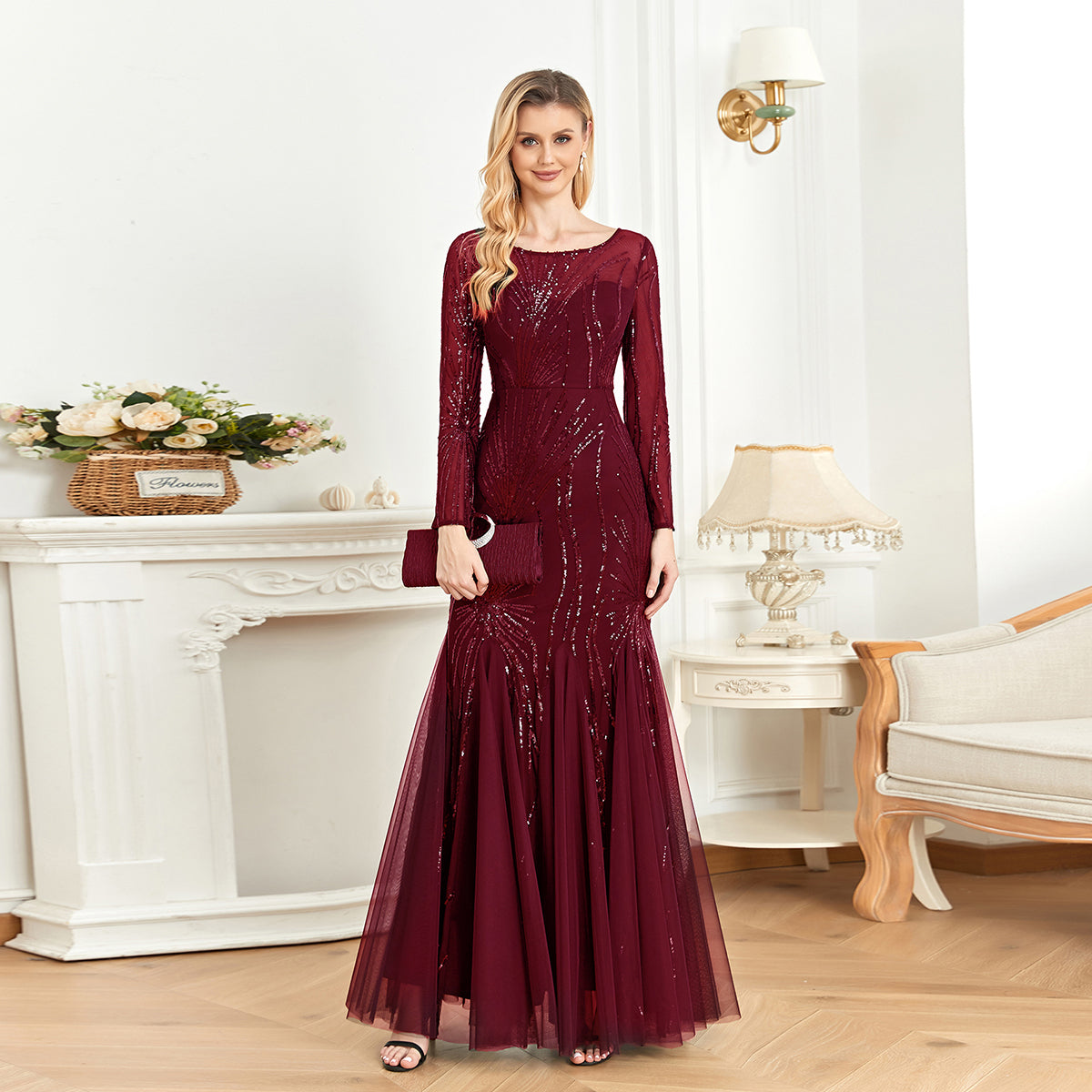 XUIBOL | Contrast Sequin Mesh Hem Party Dress