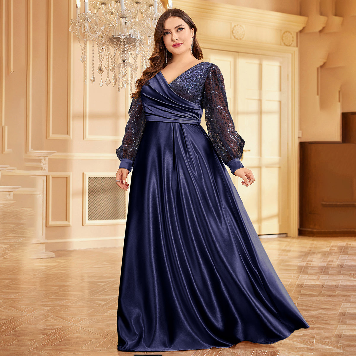 Plus Size Luxury Gold Sequin V-Neck Evening Dress | XUIBOL
