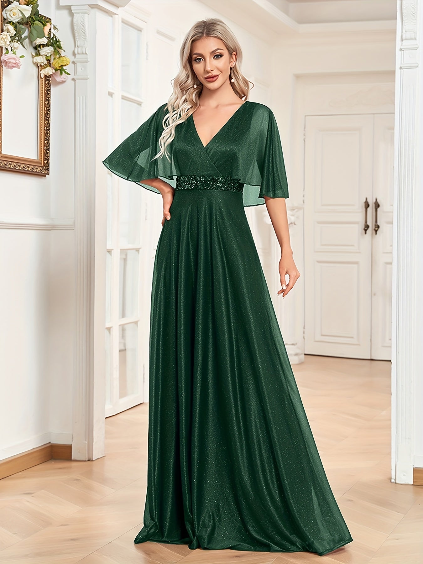 Cape Sleeve Sequin Bridesmaid Dress, Elegant Surplice Neck Floor Length Dress For Wedding Party | XUIBOL
