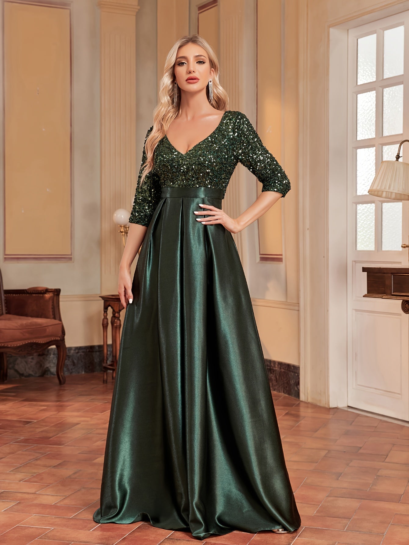 Sequined V-neck Splicing Dress | XUIBOL
