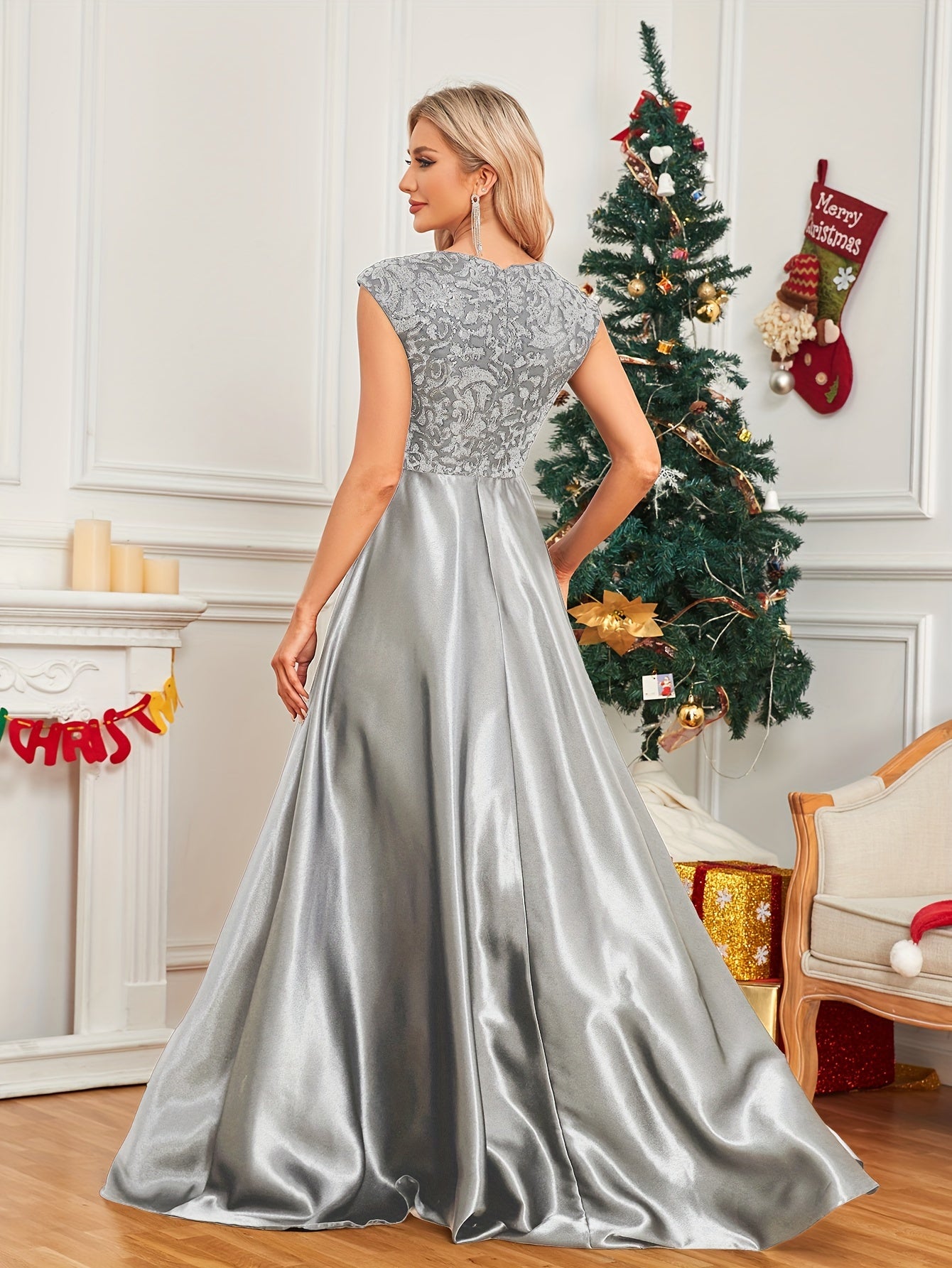 Cap Sleeve Embroidered Dress, Elegant V-neck Floor Length Dress For Wedding Party | XUIBOL