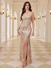 Tassel Strap Rose Gold Sequin Corset Mermaid Evening Gown