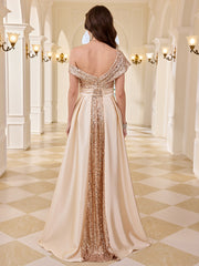 Champagne Sequin Off Shoulder High Slit Satin Evening Gown