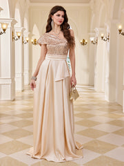 Champagne Sequin Off Shoulder High Slit Satin Evening Gown