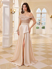 Champagne Sequin Off Shoulder High Slit Satin Evening Gown