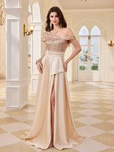 Champagne Sequin Off Shoulder High Slit Satin Evening Gown