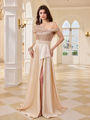 Champagne Sequin Off Shoulder High Slit Satin Evening Gown