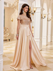 Champagne Sequin Off Shoulder High Slit Satin Evening Gown