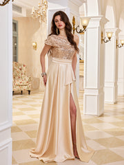 Champagne Sequin Off Shoulder High Slit Satin Evening Gown
