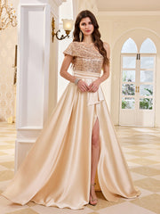 Champagne Sequin Off Shoulder High Slit Satin Evening Gown