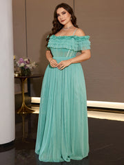 Sheer Glitter Mesh Floor Length Curvy Women Formal Wedding Guest Maxi Dress