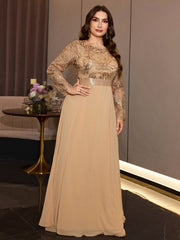 Curvy Women Formal Gala Dress Long Sleeve Flowy Chiffon Skirt
