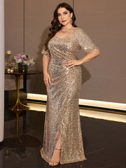 Champagne Sequin U-Neck Mermaid Evening Gown