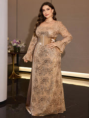Champagne Floral Sequin Mermaid Evening Gown