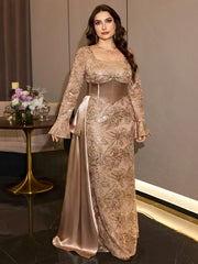 Champagne Floral Sequin Mermaid Evening Gown
