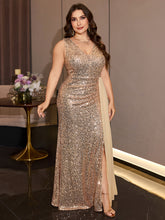 Plus Size Champagne Gold Sequin Deep V Neck Sleeveless Mermaid Maxi Dress High Slit Chiffon Overlay Formal Evening Gown