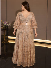 Plus Size Champagne Sequin Wrap V Neck Lantern Sleeve Maxi Evening Gown