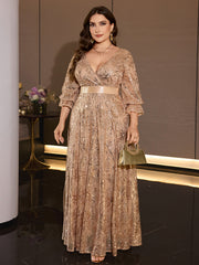 Plus Size Champagne Sequin Wrap V Neck Lantern Sleeve Maxi Evening Gown