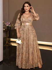 Plus Size Champagne Sequin Wrap V Neck Lantern Sleeve Maxi Evening Gown