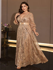 Plus Size Champagne Sequin Wrap V Neck Lantern Sleeve Maxi Evening Gown
