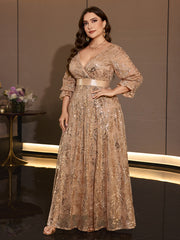 Plus Size Champagne Sequin Wrap V Neck Lantern Sleeve Maxi Evening Gown