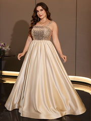 Plus Size Gold Sequin Satin A-Line Floor Length Evening Gown