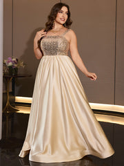 Plus Size Gold Sequin Satin A-Line Floor Length Evening Gown