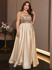 Plus Size Gold Sequin Satin A-Line Floor Length Evening Gown