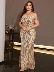Plus Size Off Shoulder Champagne Gold Sequin Mermaid Evening Gown