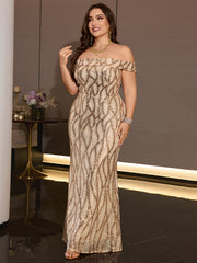 Plus Size Off Shoulder Champagne Gold Sequin Mermaid Evening Gown
