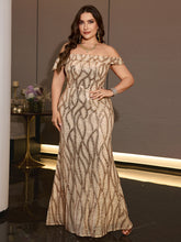 Plus Size Off Shoulder Champagne Gold Sequin Mermaid Evening Gown