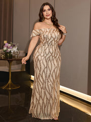 Plus Size Off Shoulder Champagne Gold Sequin Mermaid Evening Gown