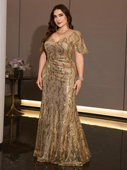 Plus Size Gold Sequin V Neck Flutter Sleeve Mermaid Evening Gown