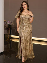 Plus Size Gold Sequin V Neck Flutter Sleeve Mermaid Evening Gown