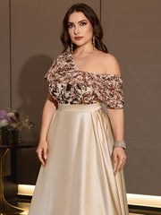 Champagne Satin One Shoulder A-Line Evening Gown