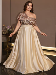 Champagne Satin One Shoulder A-Line Evening Gown