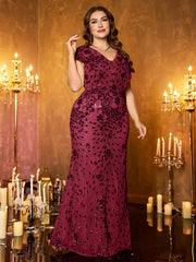 Champagne Gold Floral Sequin Sleeveless V‑Neck Plus‑Size Mermaid Evening Gown