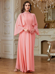 Peach Pink Rhinestone High Neck Cape Sleeve A‑Line Gown